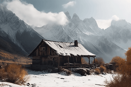 雪山中的山间小屋图片