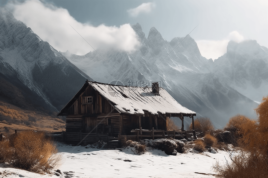 雪山中的山间小屋图片