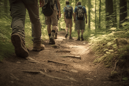 徒步旅行者在树林中漫步特写图高清图片