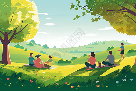春天绿色草地上野餐创意插图图片