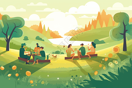 小伙伴绿色草地上野餐平面插图背景图片