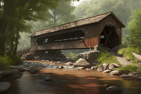 乡村河流上廊桥的绘画插图图片