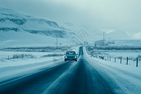 汽车在积雪的路上行驶图片