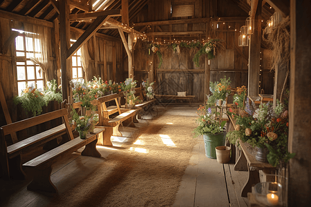 乡村谷仓中的乡村婚礼布置图片