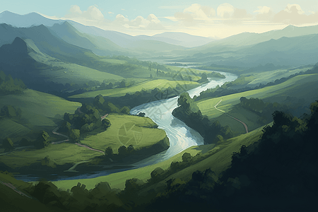 河流穿过郁郁葱葱的山谷插图图片