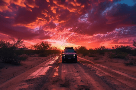 在沙漠路上行驶的汽车图片