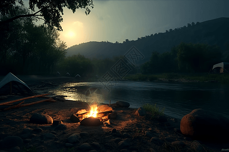 宁静的河边露营地背景图片