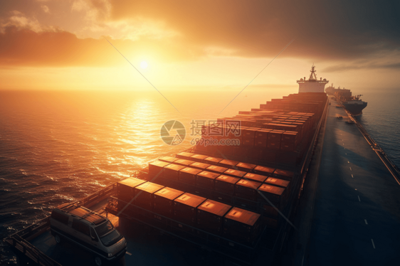 日落海洋里的货船图片