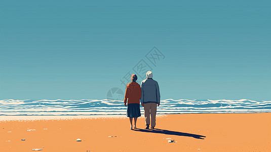 在晴朗的天空下海滩上老年情侣图片