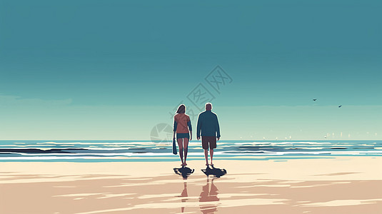 在晴朗的天空下海滩上中年情侣图片