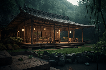 竹林夜景简约设计的宁静茶馆背景