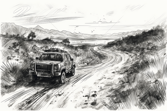 SUV在偏远的荒野地区驶过图片