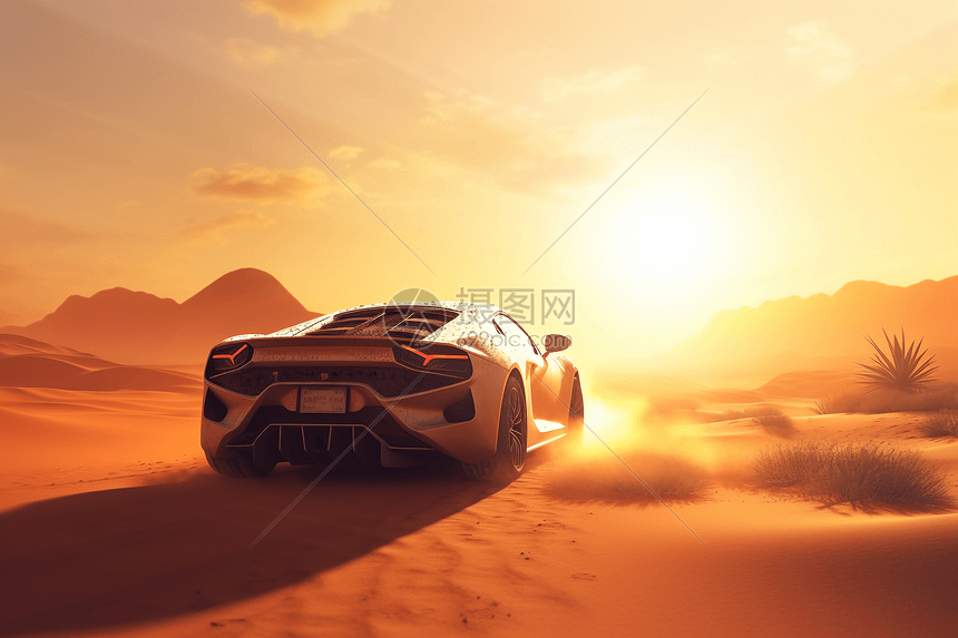 豪华汽车驶过沙漠景观图片