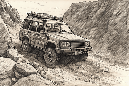 一辆探索岩石地形的SUV图片