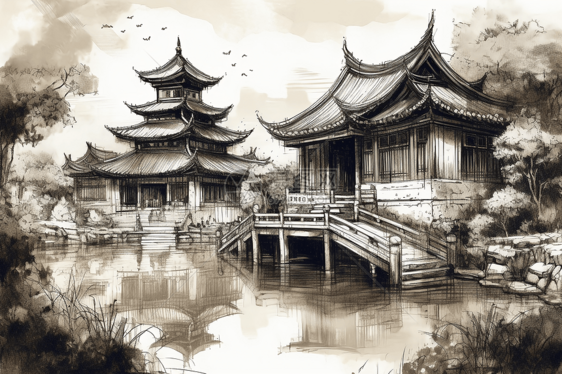 水墨画风格的中国园林建筑图片