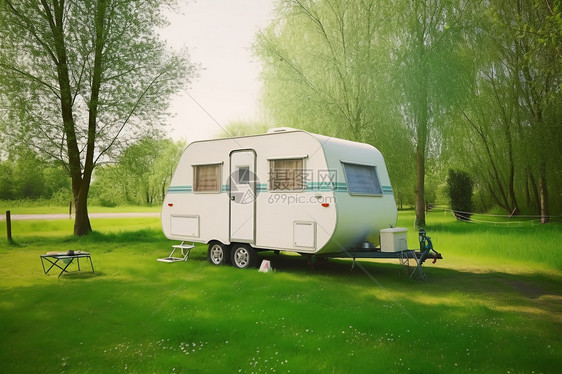 露营地绿色草坪上的白色大篷车图片