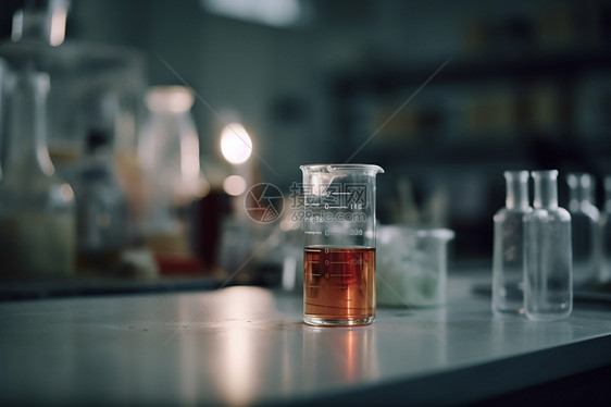 实验室工作台上的玻璃烧杯图片