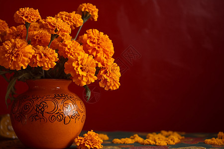 橙色背景下的万寿菊背景图片