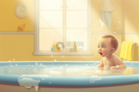 婴儿第一次洗澡视图图片