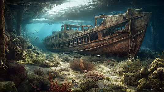 沉船周围生长着海洋生物背景图片