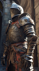 一个穿着全装甲的中世纪骑士的3D模型图片