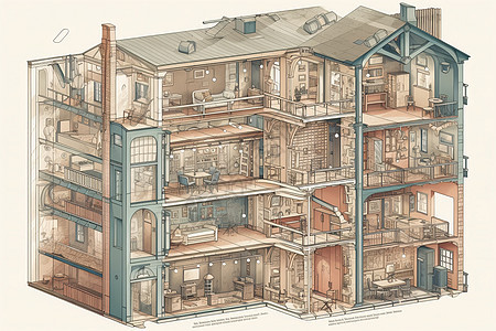 建筑物的剖面图显示了不同的楼层及其用途图片