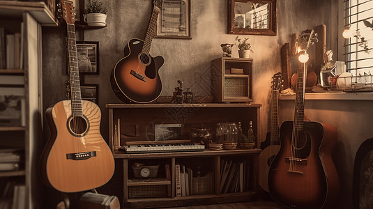 放有吉他的音乐室高清图片