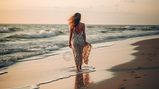 女人孤单的走在沙滩上海浪吹起衣纱背景图片