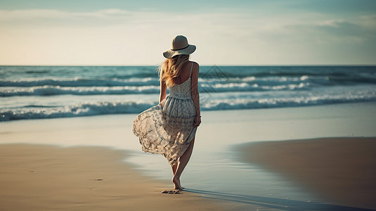 美丽的女人走在沙滩上海浪吹起衣纱背景图片