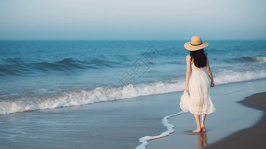 女人走在沙滩上图片