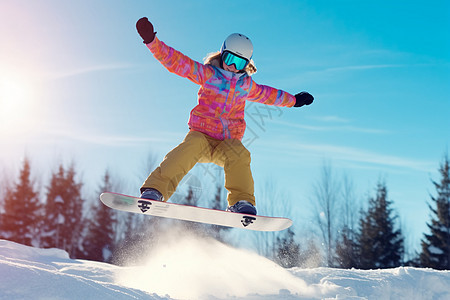 女孩在滑雪板跳跃中玩得开心图片