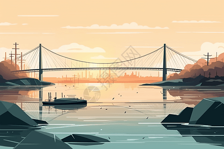 横跨河流的吊桥艺术插图图片