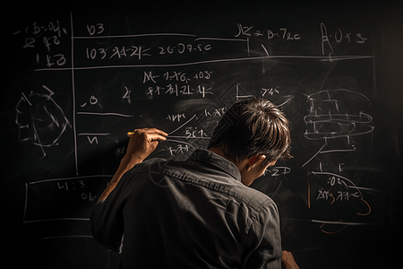 在黑板上研究复杂方程的数学家图片