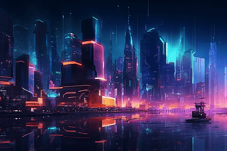 夜晚的未来派城市3D概念图图片
