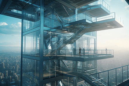 未来派玻璃墙摩天大楼3D概念图图片