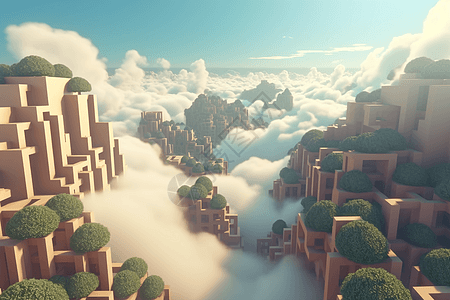 由浮岛和云制成的迷宫3D概念图图片