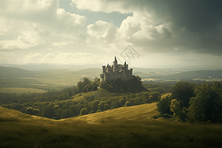 丘陵上的中世纪城堡概念图背景图片