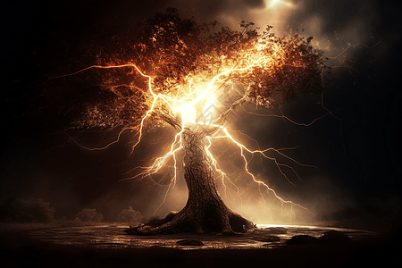 闪电击中一棵树的戏剧性场面图片