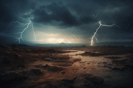 雷雨闪电撞击地面的概念图背景图片