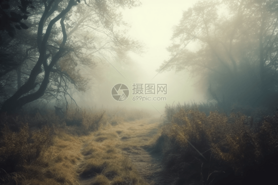 雾中森林的神秘景象概念图图片