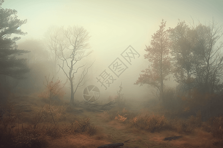 雾中森林的神秘景象图片