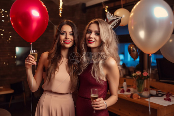漂亮女人在时尚咖啡馆的生日聚会上图片