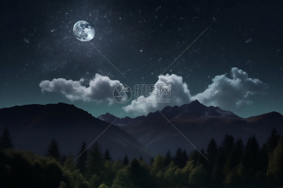 夜晚星空和山上的月亮图片