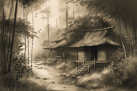一座坐落在竹林中的小神殿图片