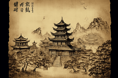 中式建筑风景画图片