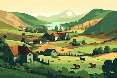 一个宁静的村庄和牧场图片
