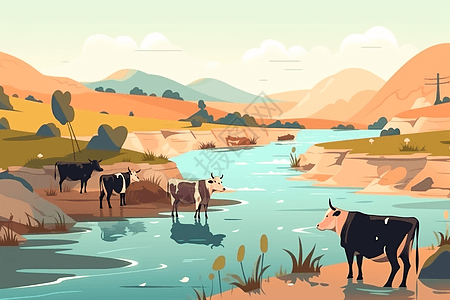 一群奶牛在喝水背景图片