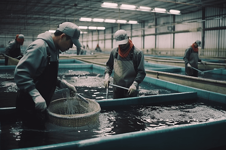 一群工人在养鱼场忙碌图片