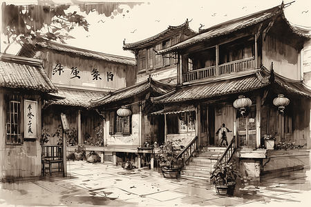 一幅精美的中国传统庭院水墨画背景图片