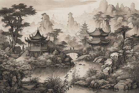 水墨中国花园背景图片